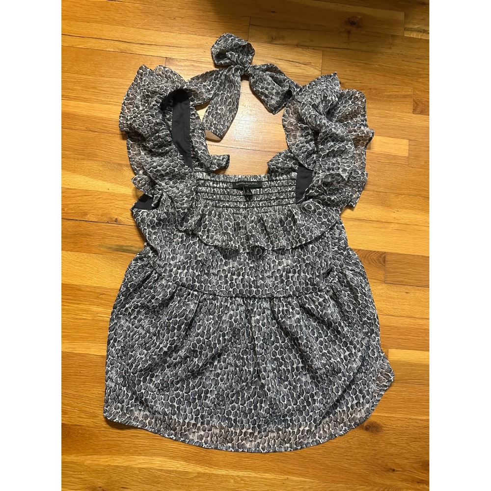 Banana Republic Petite Grey White Ruffle Tie Back Smocked Babydoll Blouse M P